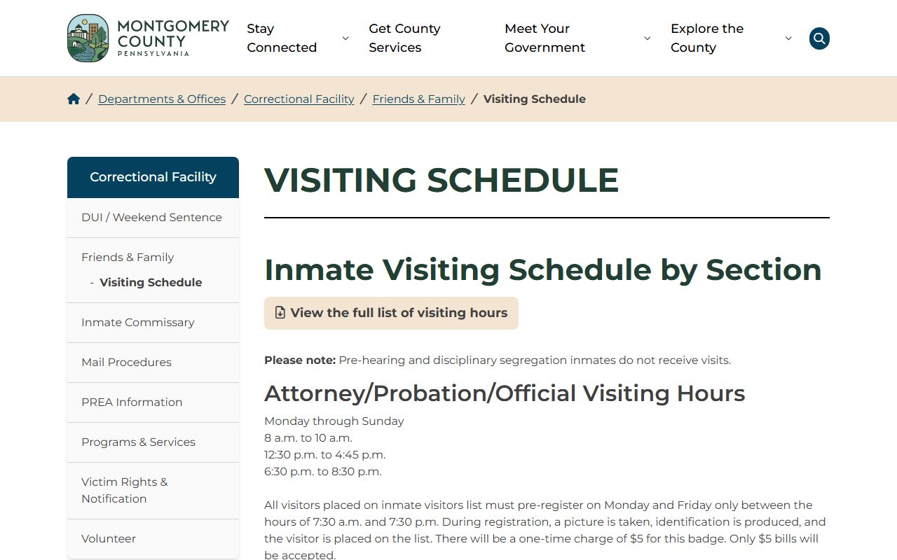 Montgomery County inmate records visiting schedule page