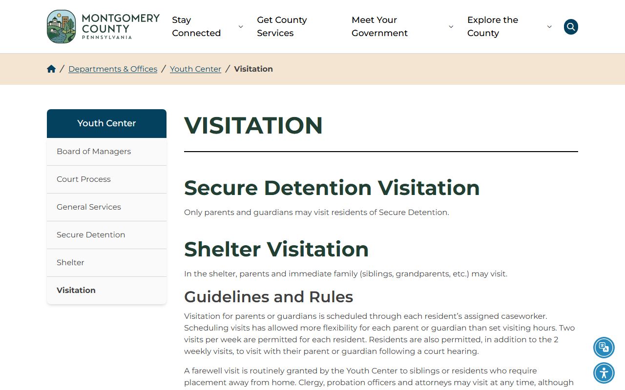 Montgomery County Youth Center juvenile visitation record source
